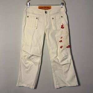 People for Peace White Cotton Pants with Floral Embroidery, Size 30